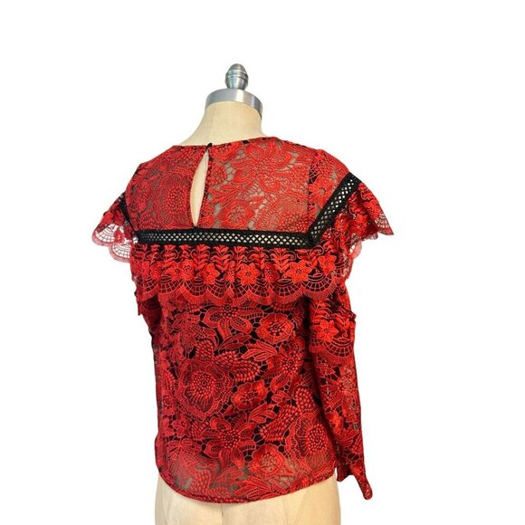RED CARTER Sheffield Red Lace Top In Carmine Cold Shoulder Size XS - Picture 4 of 8